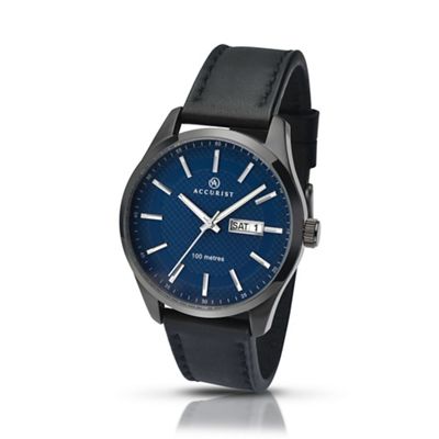 Men's black leather strap blue dial watch 7136.01